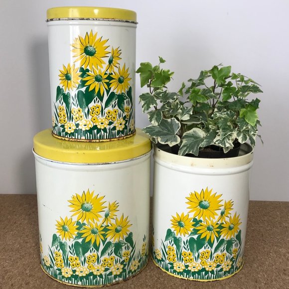 Vintage Tin Canister Set Yellow Flowers Kitchen - Picture 11 of 13